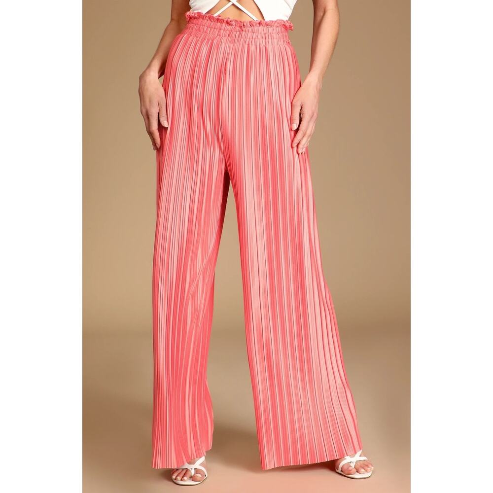 Lulus Womens Small Coral Pink Pleated High-Waist Pull-on Wide Leg Pants